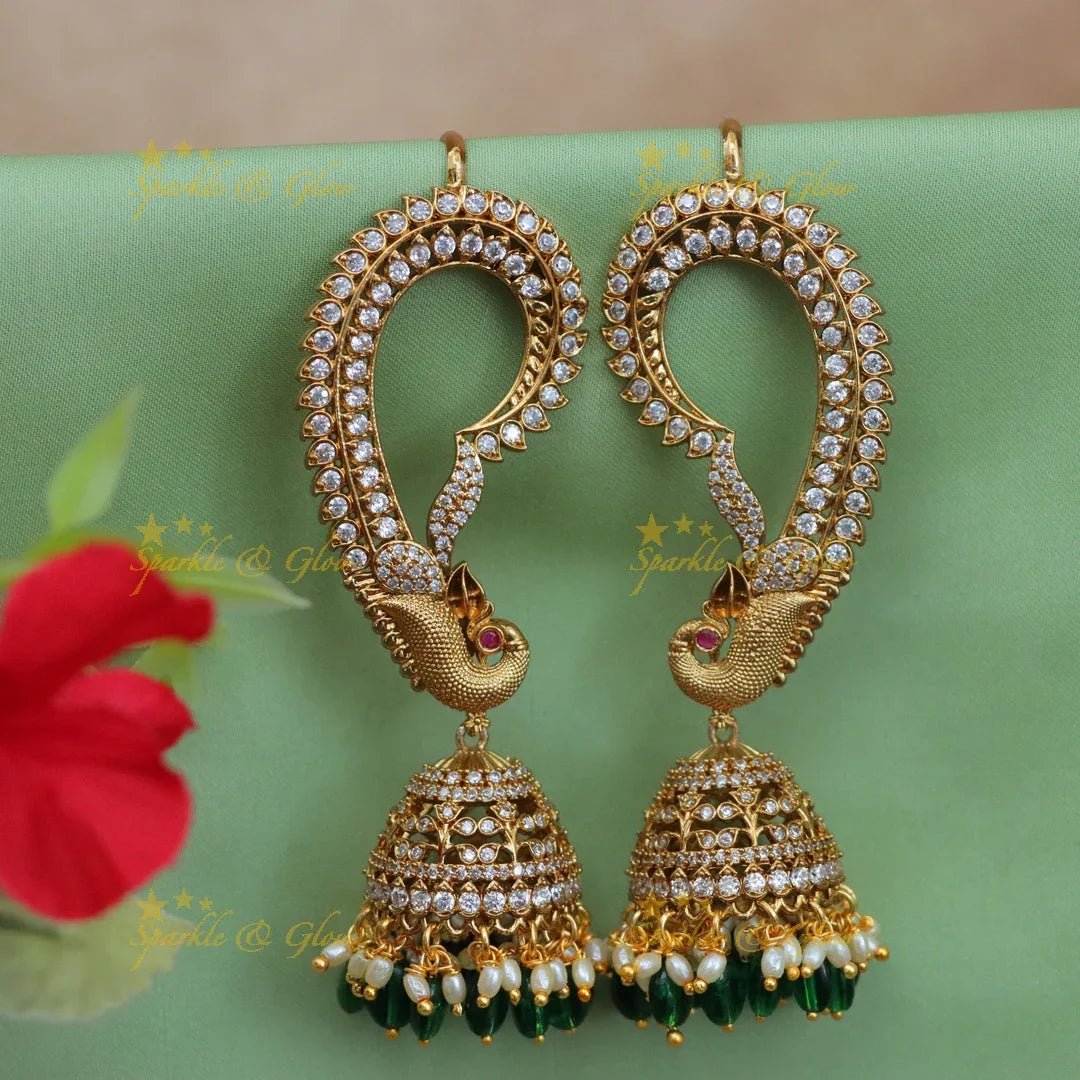 Stunning CZ Peacock Ear Cuff Earrings with Jhumka Drop