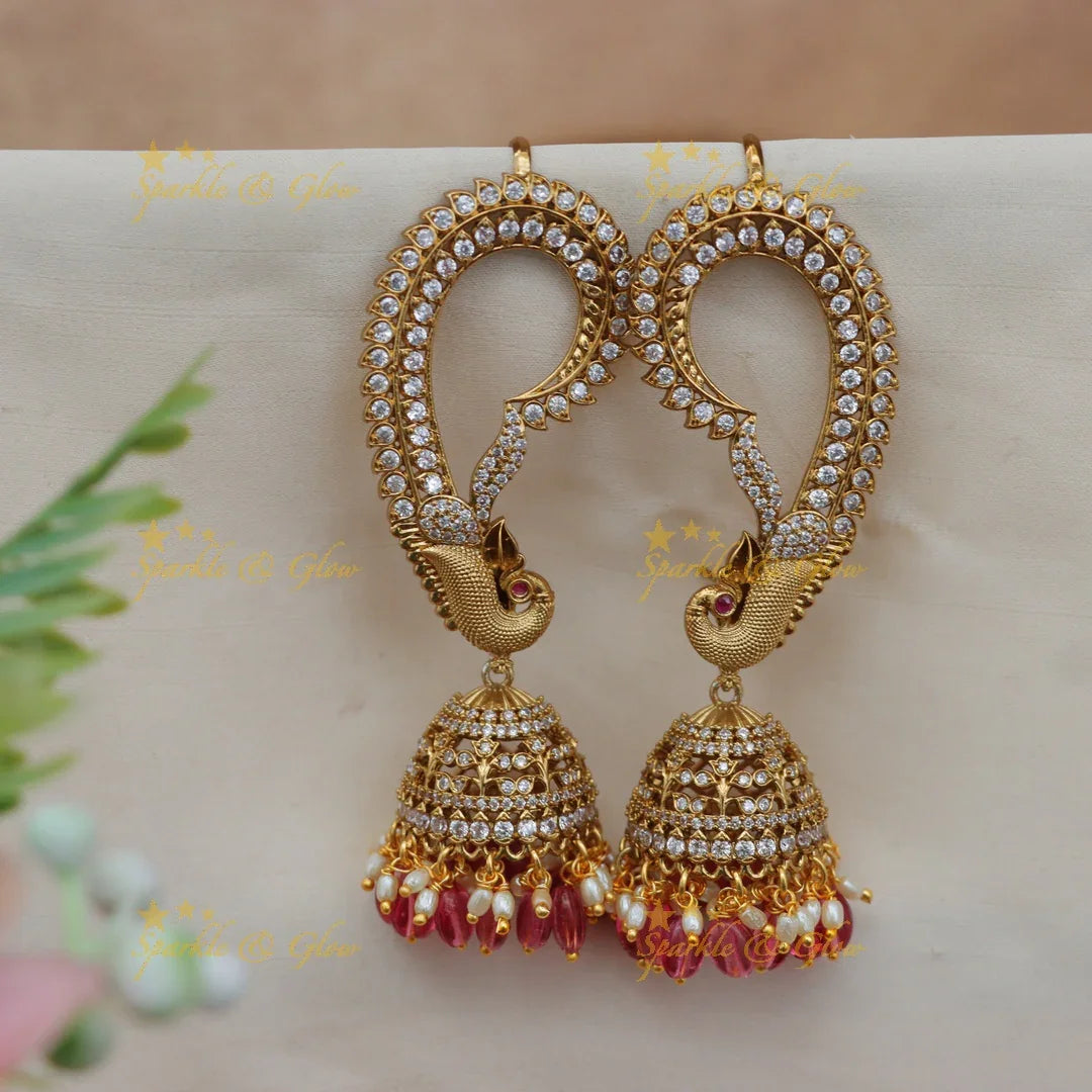 Stunning CZ Peacock Ear Cuff Earrings with Jhumka Drop