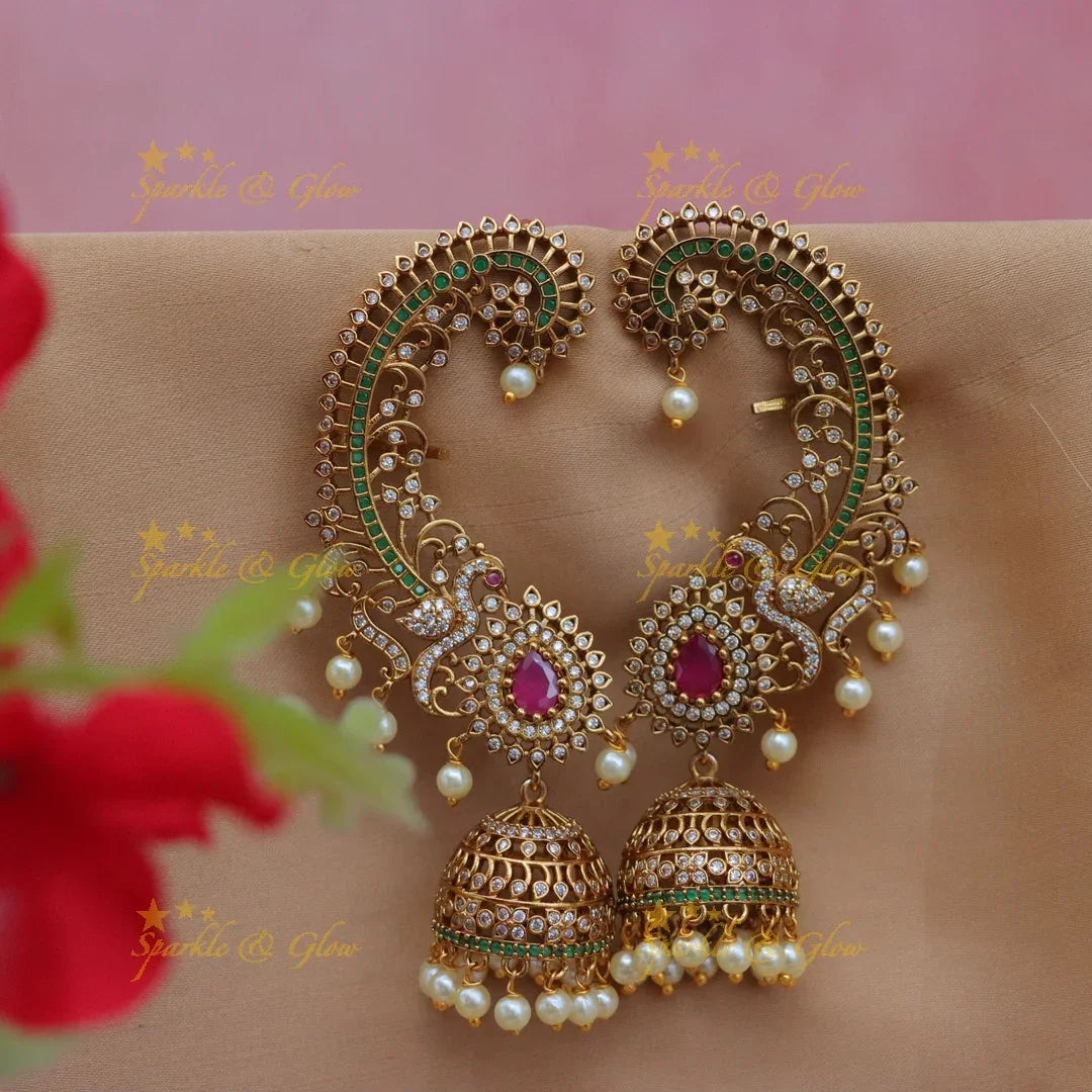 Grand Peacock Floral Kemp Ear Cuffs with Jhumkas