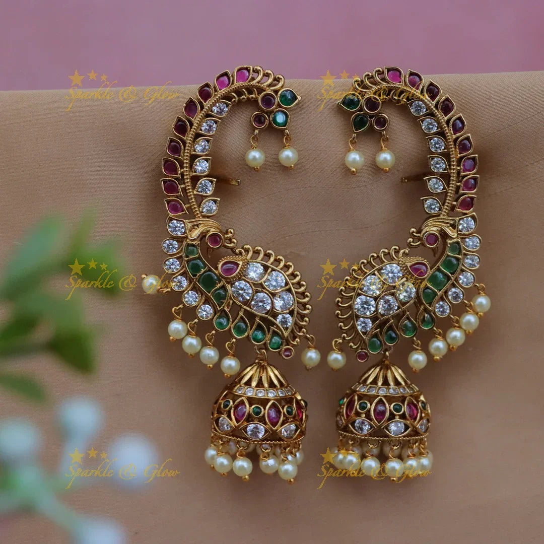 Grand Peacock Kemp Ear cuff Earrings with Jhumka Drops