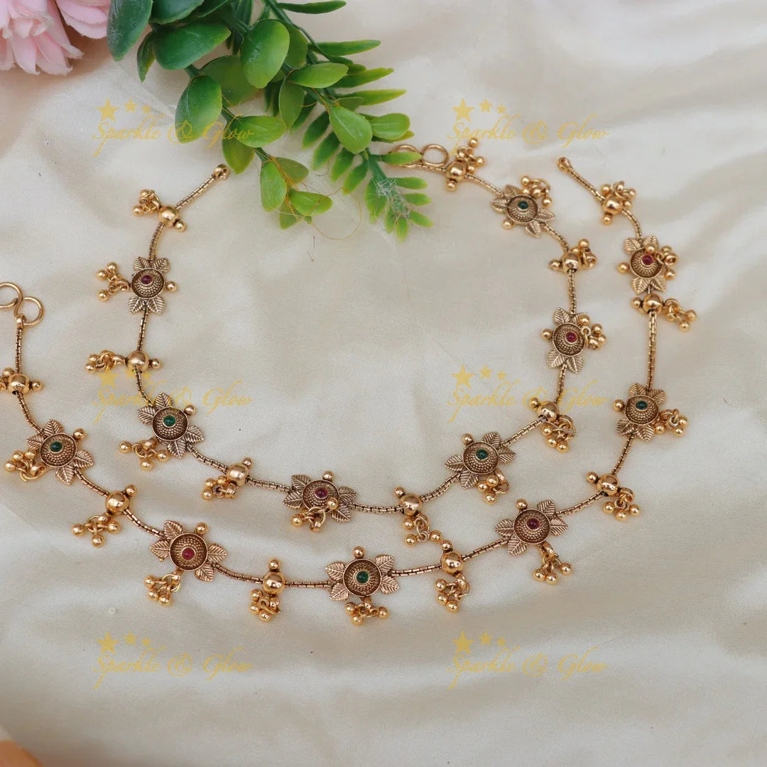 Traditional Floral Motif Gold Alike Anklet with Beads