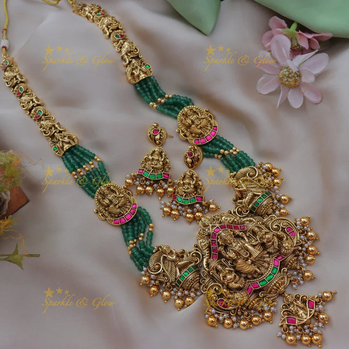 Jadau Kundan Temple Lakshmi Haram with Green Beads