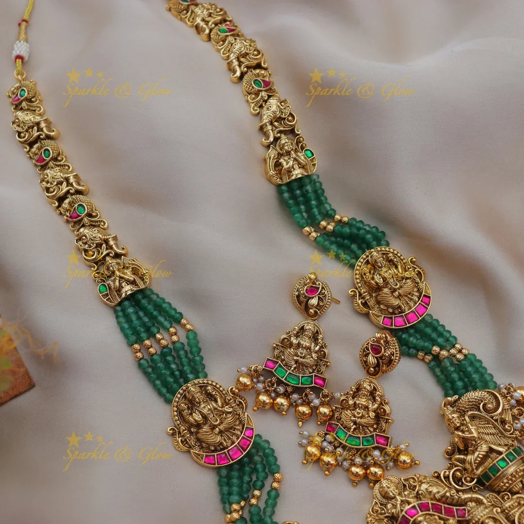 Jadau Kundan Temple Lakshmi Haram with Green Beads
