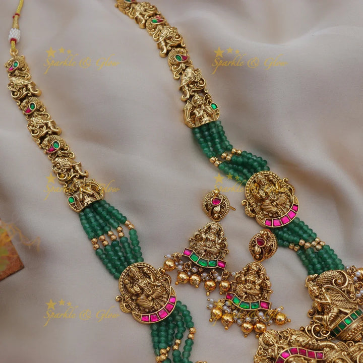 Jadau Kundan Temple Lakshmi Haram with Green Beads