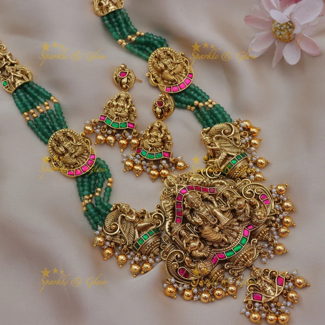 Jadau Kundan Temple Lakshmi Haram with Green Beads