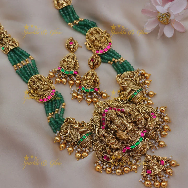 Jadau Kundan Temple Lakshmi Haram with Green Beads