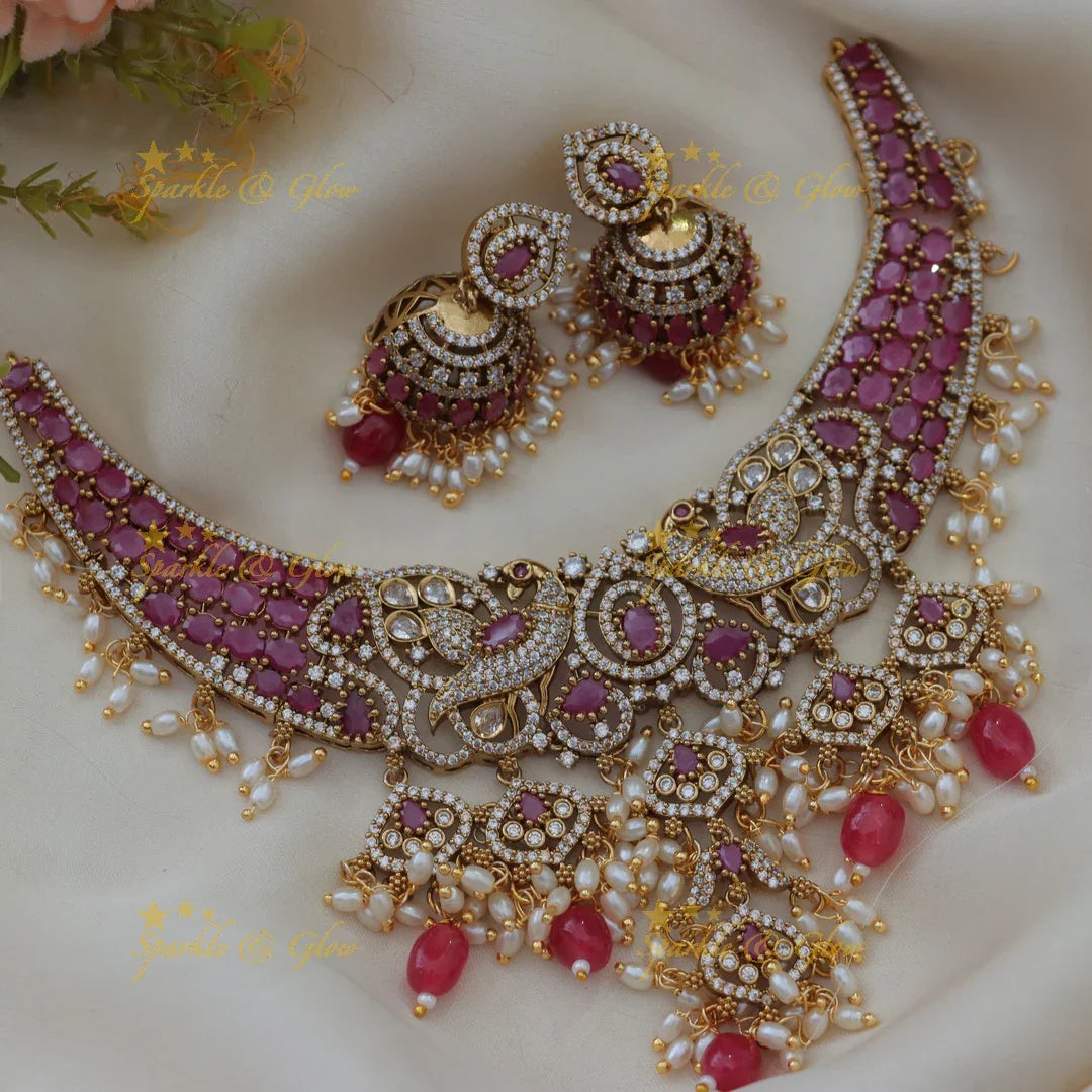 Stunning Dual Tone Peacock Floral Victorian AD Short necklace