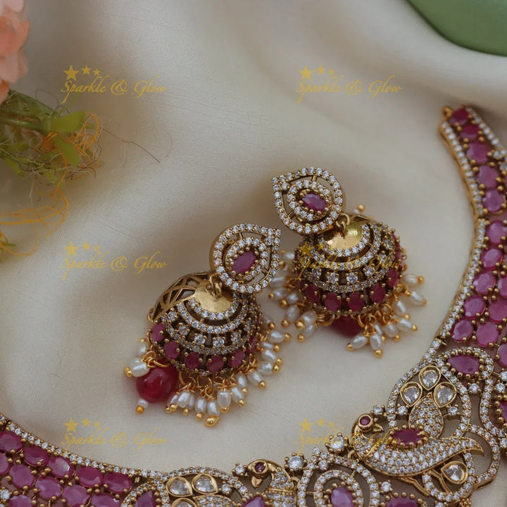 Stunning Dual Tone Peacock Floral Victorian AD Short necklace
