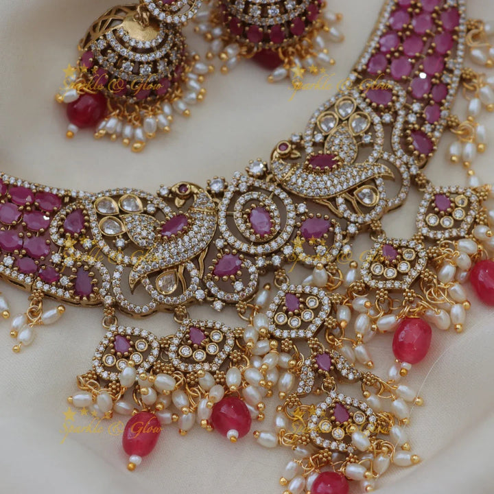 Stunning Dual Tone Peacock Floral Victorian AD Short necklace