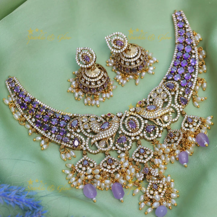 Stunning Dual Tone Peacock Floral Victorian AD Short necklace