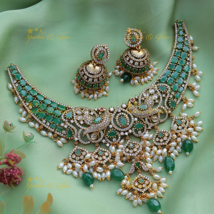 Stunning Dual Tone Peacock Floral Victorian AD Short necklace