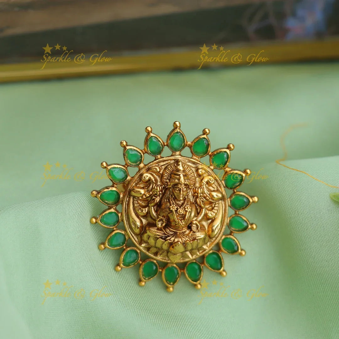 Grand Emerald Lakshmi Carved Gold Finish Finger Ring