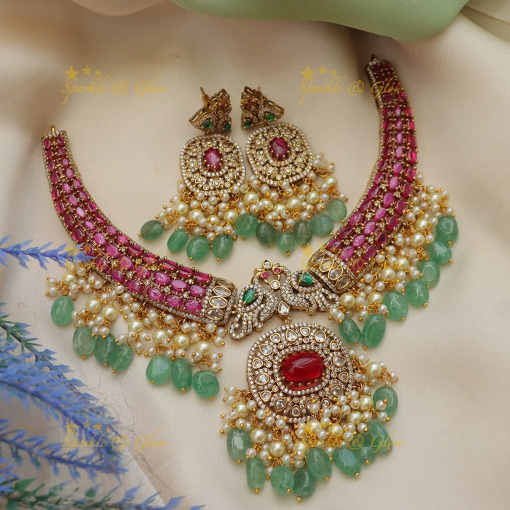 Stunning Peacock Floral AD Hasli Necklace with Beaded Drops