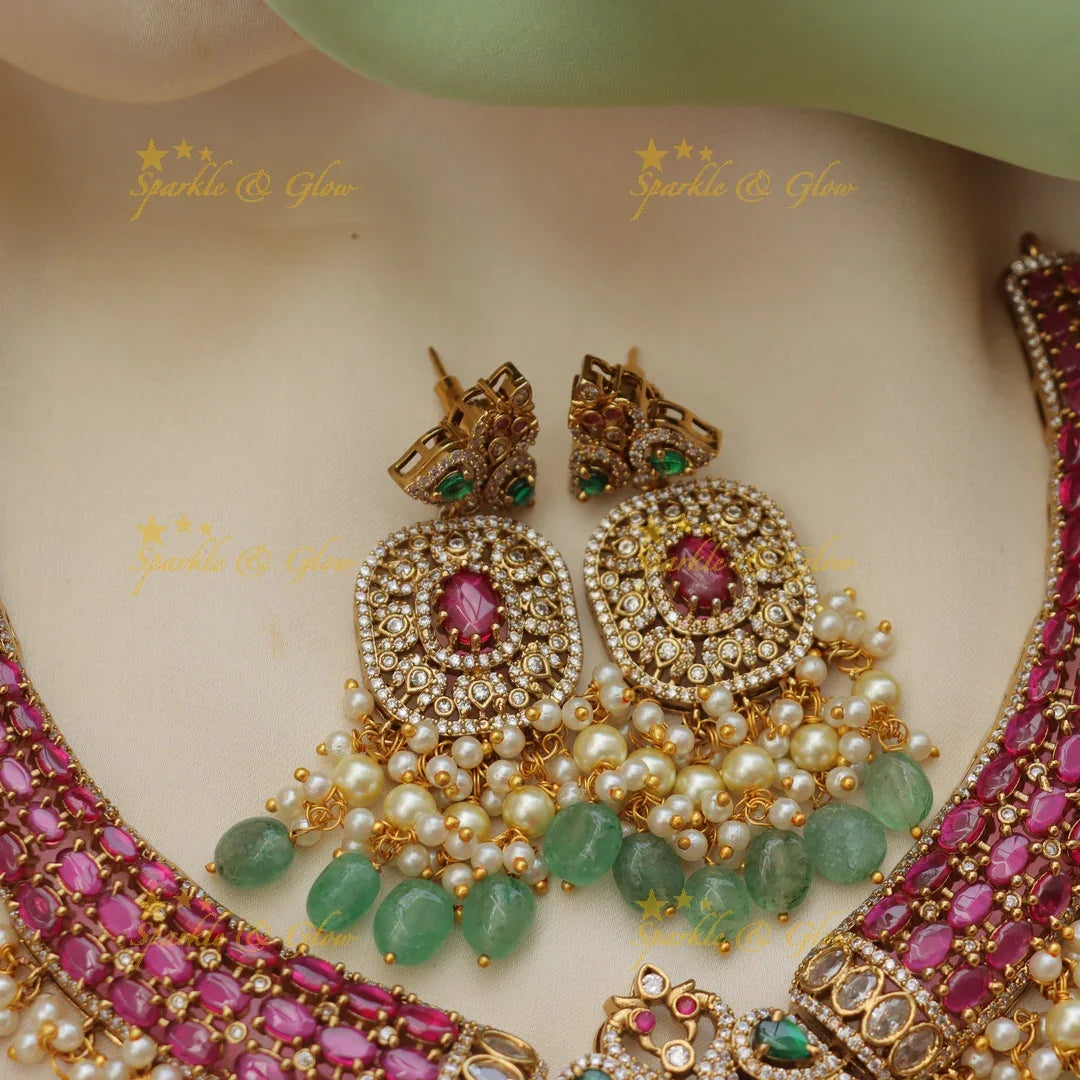 Stunning Peacock Floral AD Hasli Necklace with Beaded Drops