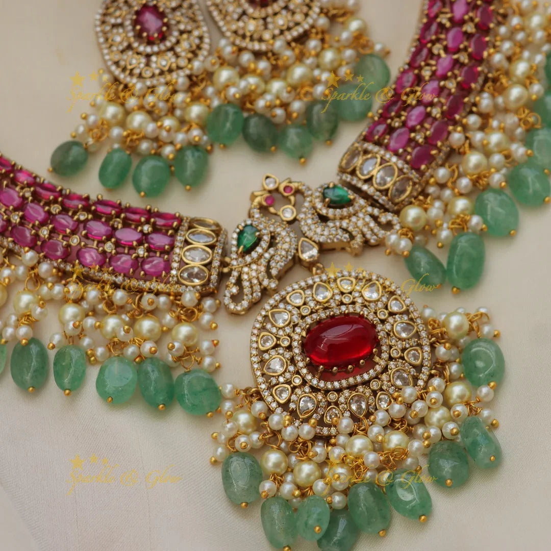 Stunning Peacock Floral AD Hasli Necklace with Beaded Drops