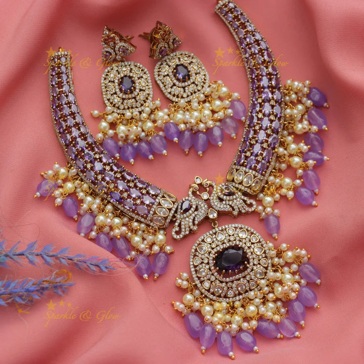 Stunning Peacock Floral AD Hasli Necklace with Beaded Drops