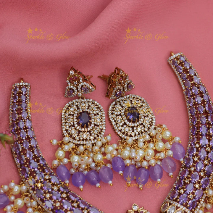Stunning Peacock Floral AD Hasli Necklace with Beaded Drops