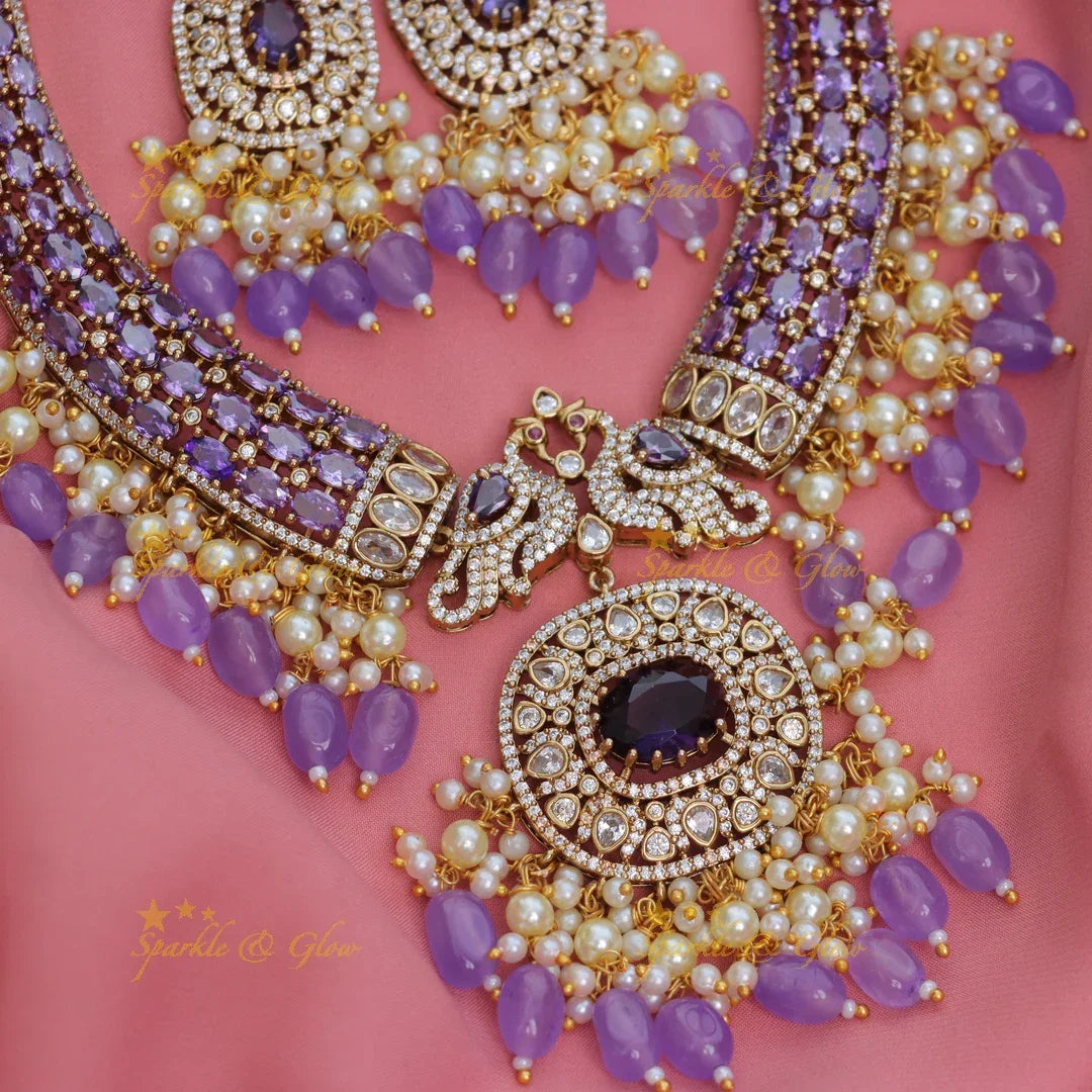 Stunning Peacock Floral AD Hasli Necklace with Beaded Drops