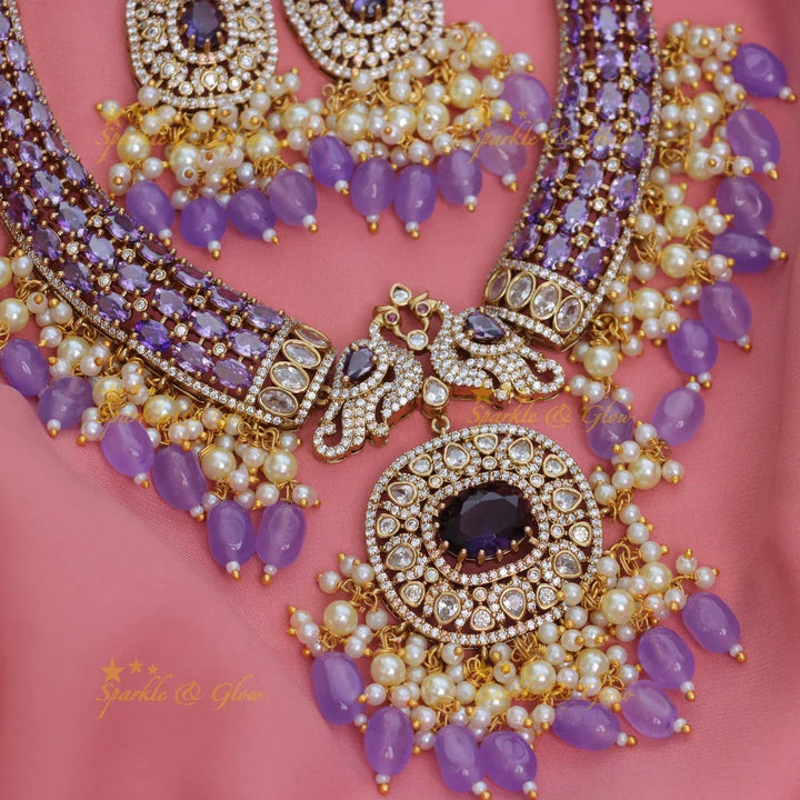 Stunning Peacock Floral AD Hasli Necklace with Beaded Drops