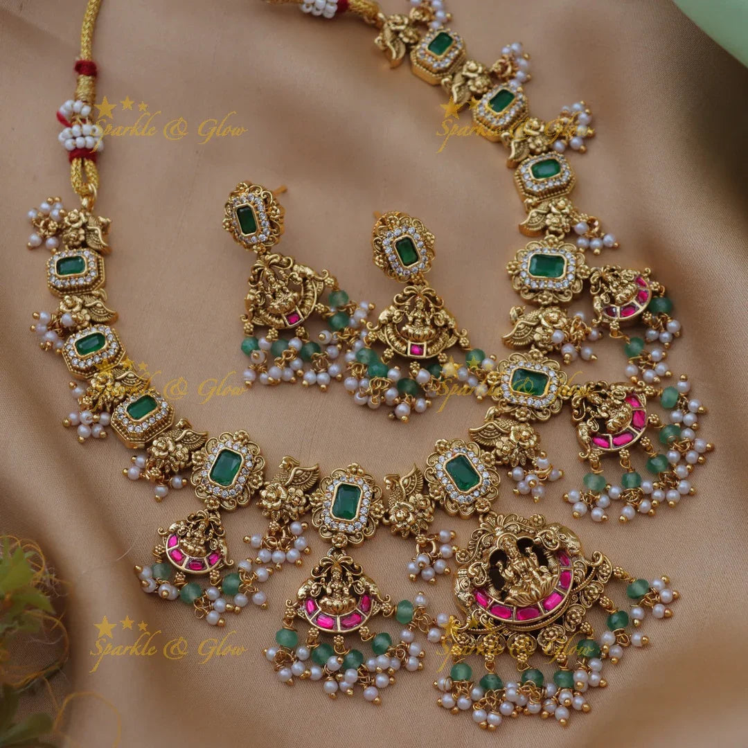 Grand Idol Lakshmi Elephant carved Jadau Kundan Emerald necklace