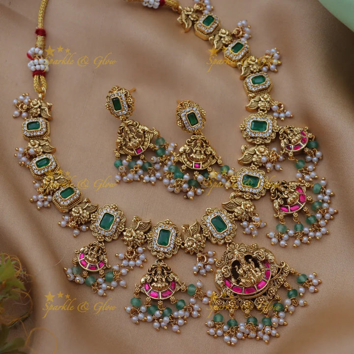 Grand Idol Lakshmi Elephant carved Jadau Kundan Emerald necklace