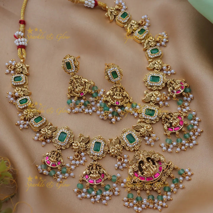 Grand Idol Lakshmi Elephant carved Jadau Kundan Emerald necklace