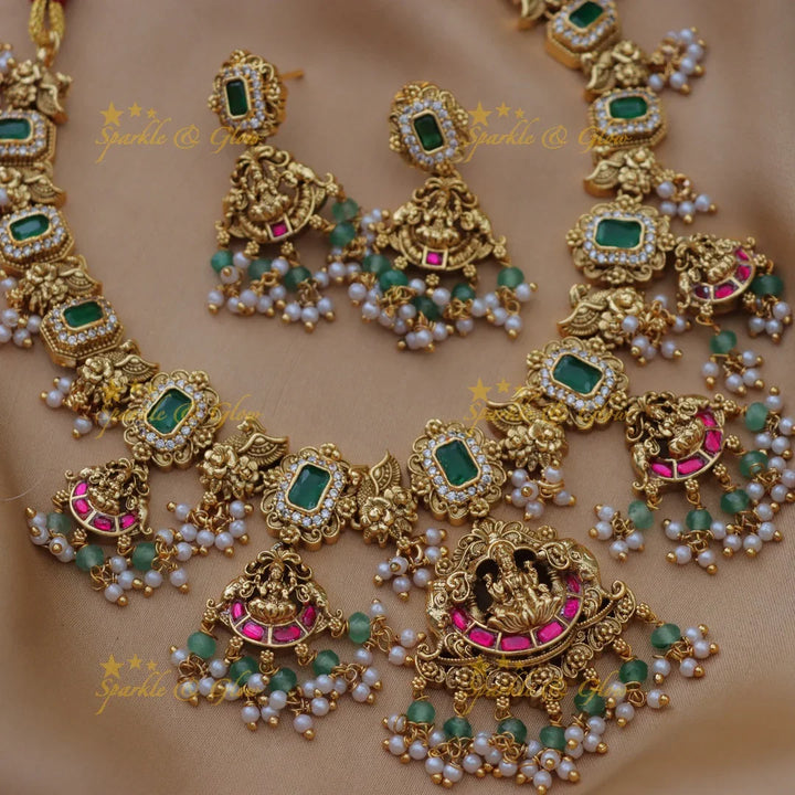 Grand Idol Lakshmi Elephant carved Jadau Kundan Emerald necklace