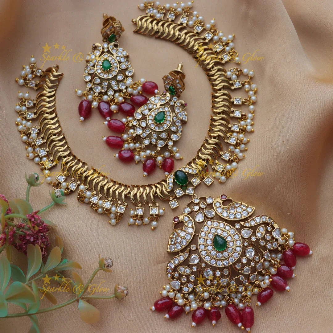 Stunning CZ Peacock Pendant Short Necklace Set