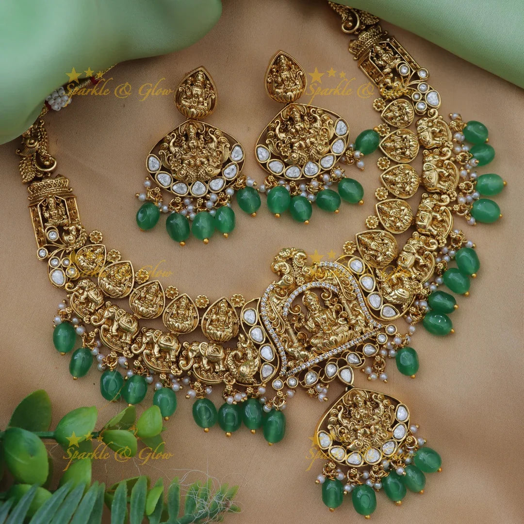 Grand Jadau Kundan Dual tone Lakshmi pendant carved Temple Necklace