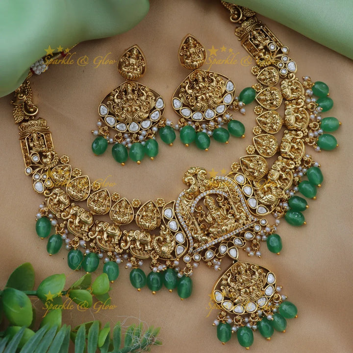 Grand Jadau Kundan Dual tone Lakshmi pendant carved Temple Necklace