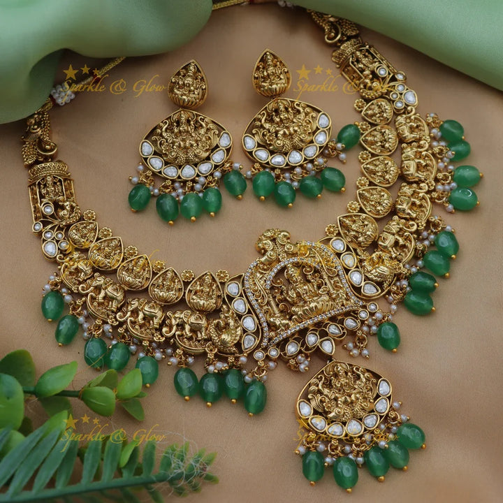 Grand Jadau Kundan Dual tone Lakshmi pendant carved Temple Necklace