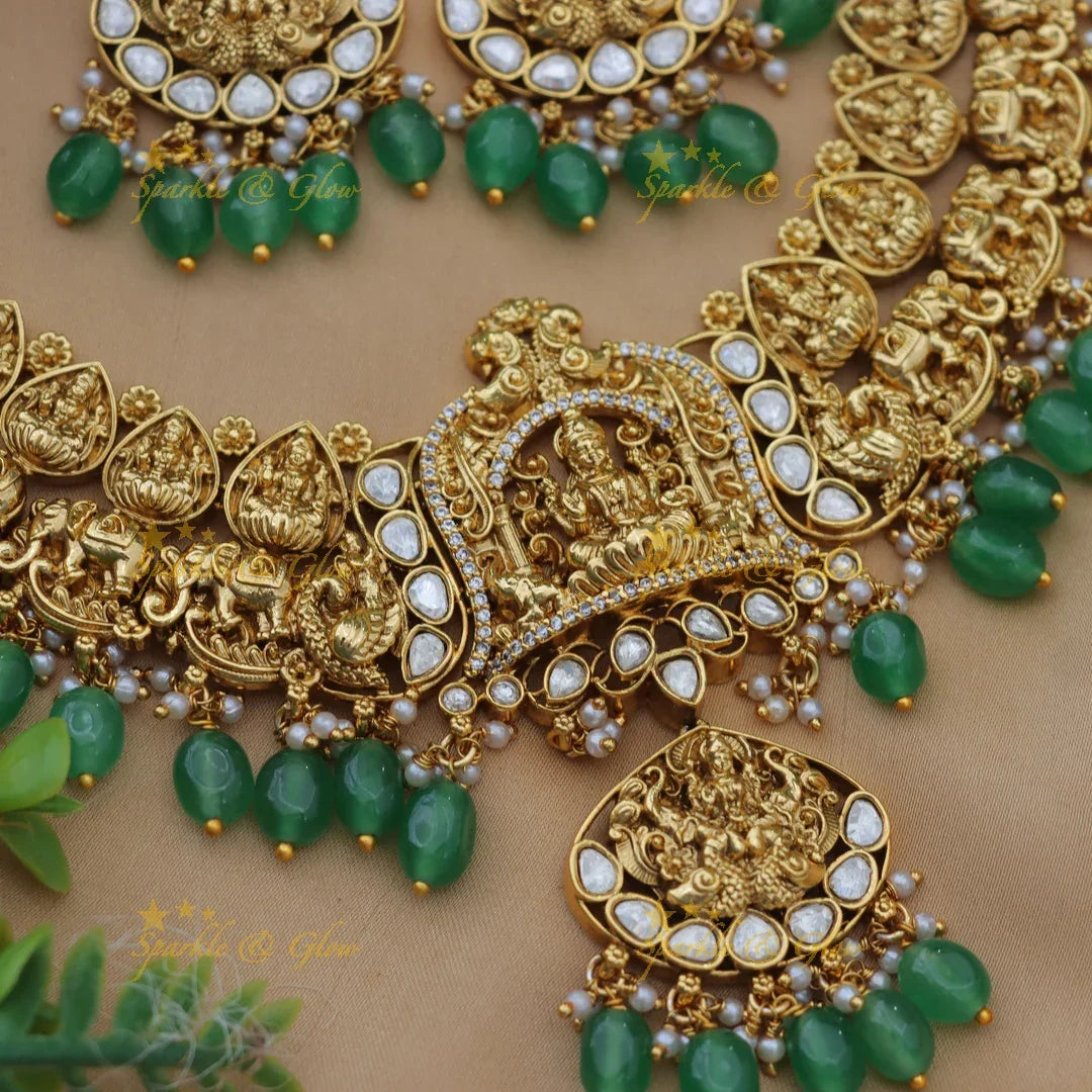Grand Jadau Kundan Dual tone Lakshmi pendant carved Temple Necklace