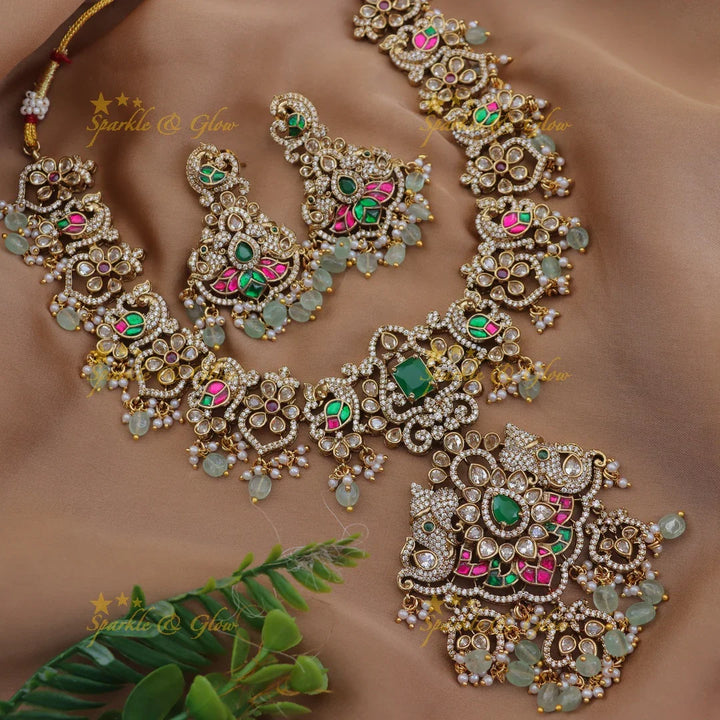 Grand Elephant Peacock Floral Victorian AD Short Necklace
