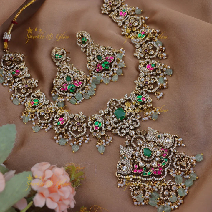 Grand Elephant Peacock Floral Victorian AD Short Necklace