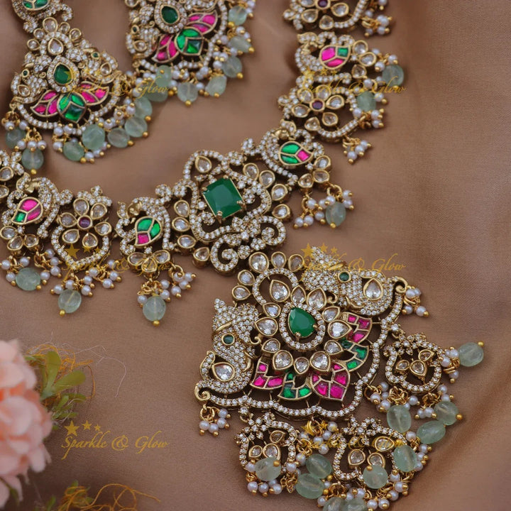 Grand Elephant Peacock Floral Victorian AD Short Necklace
