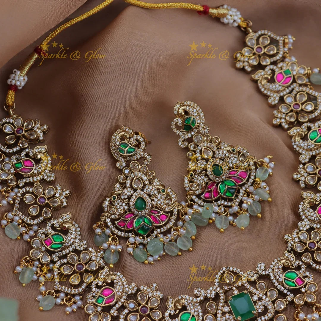 Grand Elephant Peacock Floral Victorian AD Short Necklace