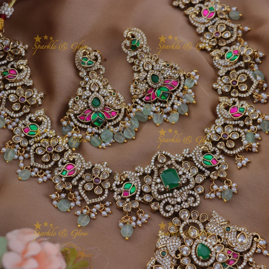 Grand Elephant Peacock Floral Victorian AD Short Necklace