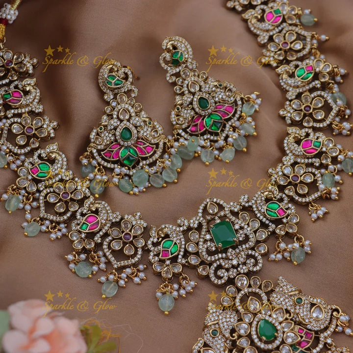 Grand Elephant Peacock Floral Victorian AD Short Necklace