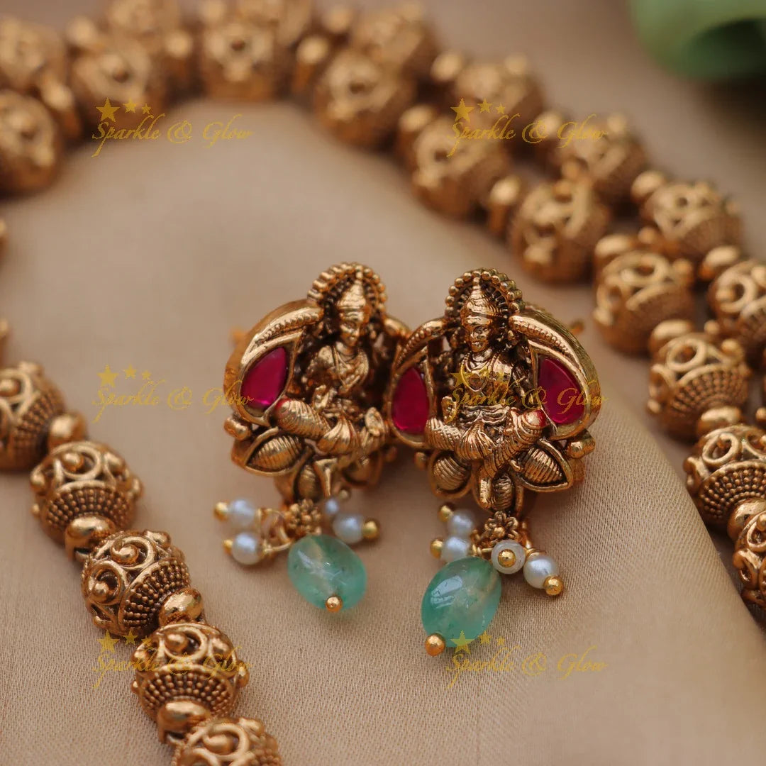 Stunning Gold Ball Beaded Lakshmi Jadau Kundan Haram