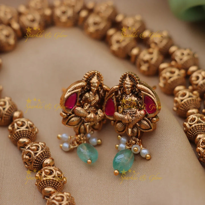 Stunning Gold Ball Beaded Lakshmi Jadau Kundan Haram