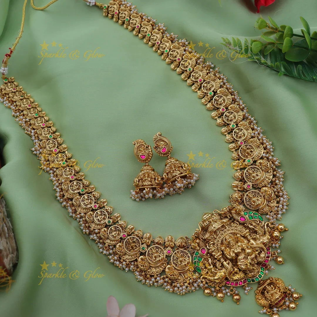 Grand Jadau Kundan Lakshmi Elephant Carved Temple Haram