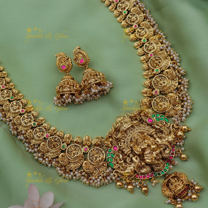 Grand Jadau Kundan Lakshmi Elephant Carved Temple Haram