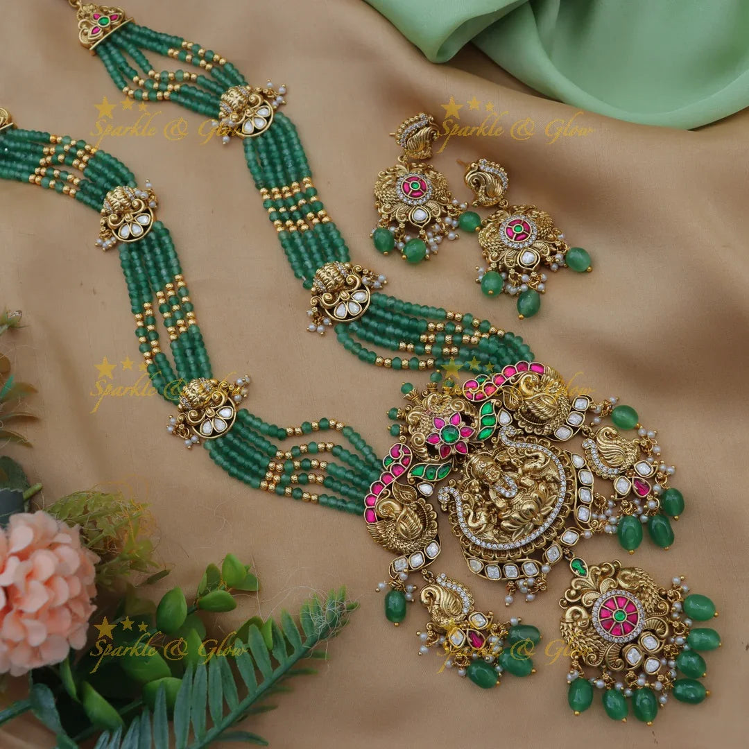 Grand Lakshmi Jadau Kundan Beaded Temple Long Haram