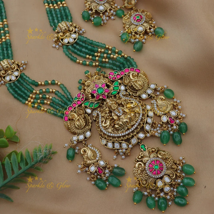 Grand Lakshmi Jadau Kundan Beaded Temple Long Haram