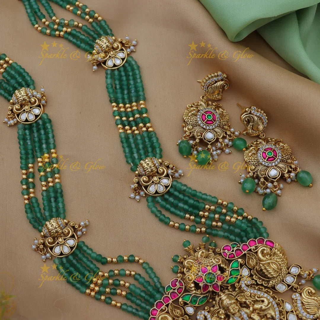 Grand Lakshmi Jadau Kundan Beaded Temple Long Haram