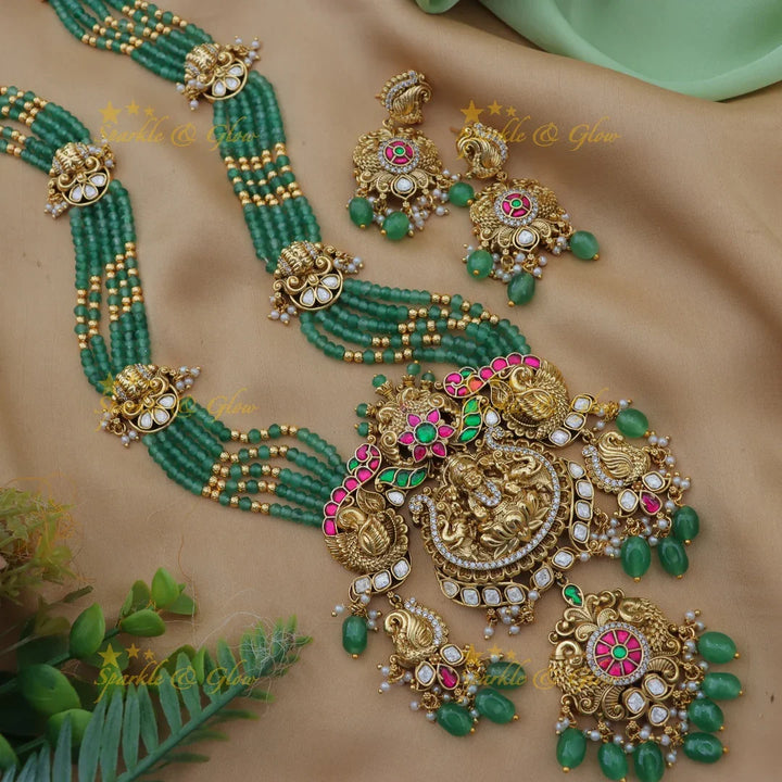 Grand Lakshmi Jadau Kundan Beaded Temple Long Haram