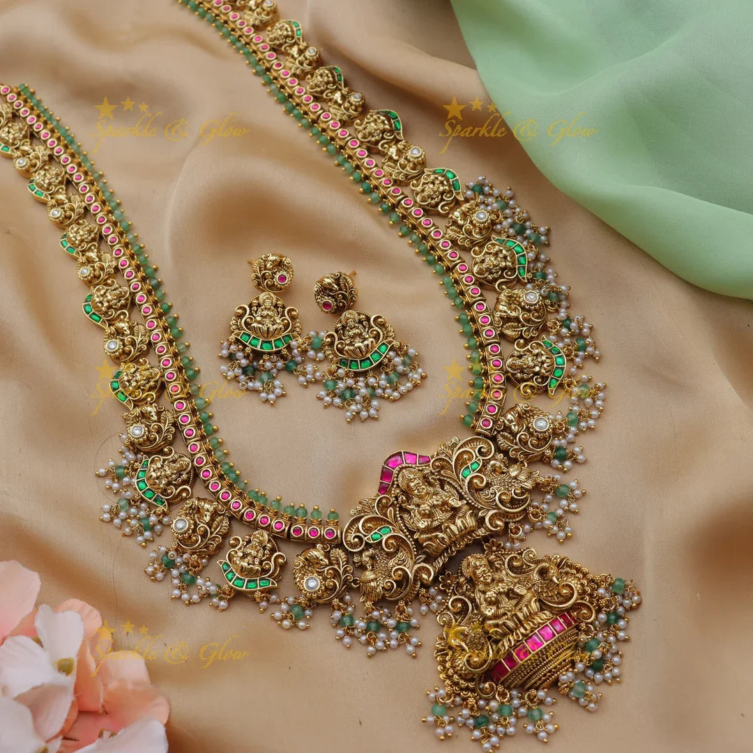 Grand Lakshmi Peacock Carved Jadau Kundan Guttapusalu Haram