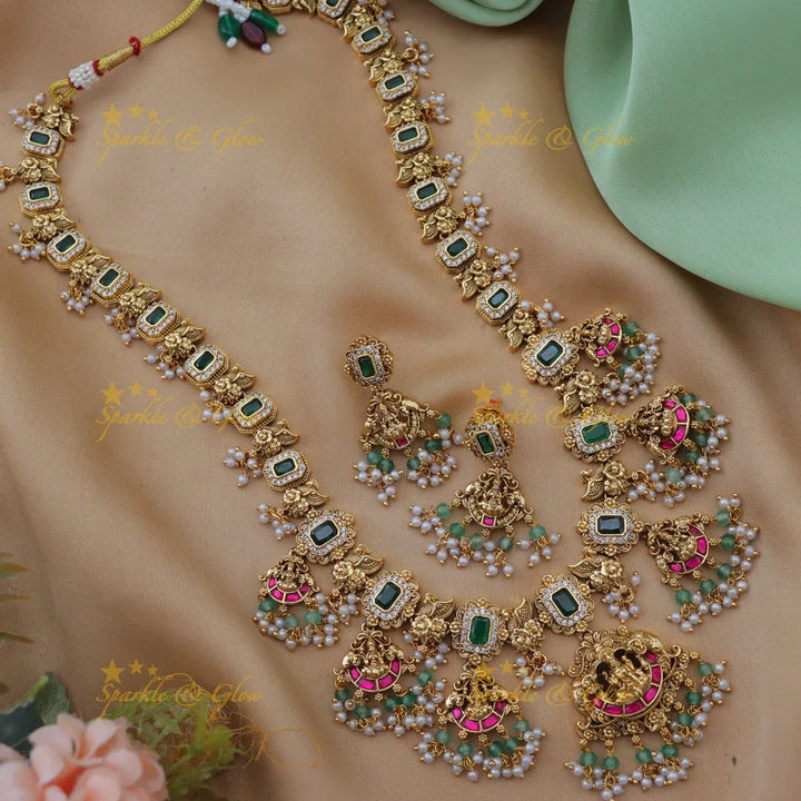 Grand Idol Lakshmi Elephant carved Jadau Kundan Emerald Haram