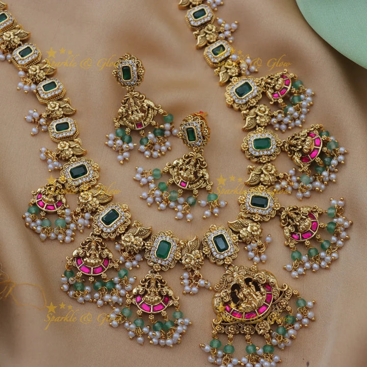 Grand Idol Lakshmi Elephant carved Jadau Kundan Emerald Haram