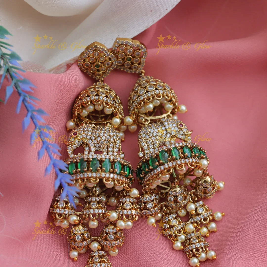 Grand Victorian Elephant AD Jhumka Earrings with Pearls
